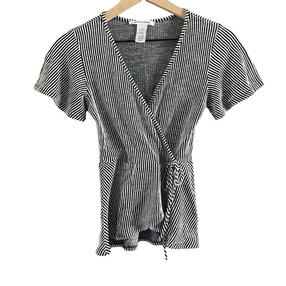 Caution to the Wind Black & Gray Striped Faux Wrap Top Small
